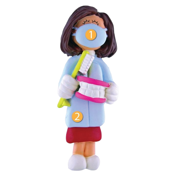 Brunette female hygienist ornament holding toothbrush and teeth model for Christmas Ornaments and Tree Decorations collection