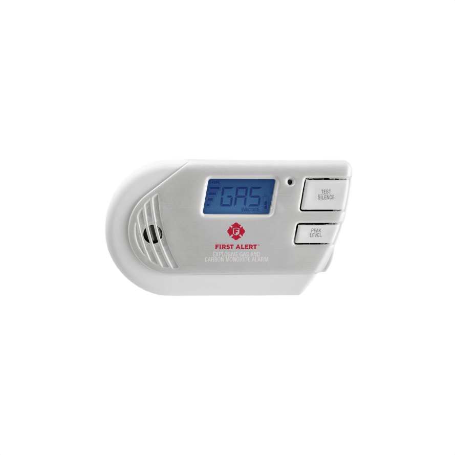 White electrochemical gas detector with digital display and test buttons for fire safety and electrical use