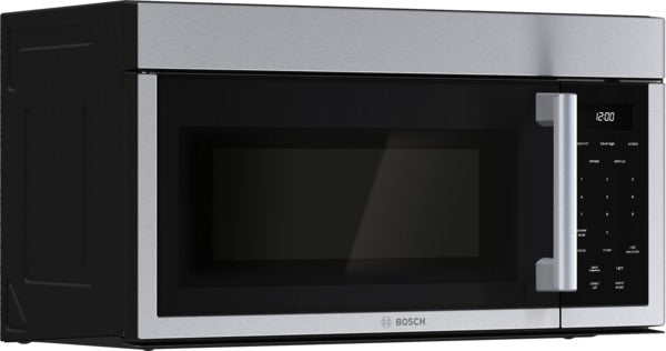 Stainless steel 300 Series over-the-range microwave with left side-opening door, touch controls, and digital display, part of Bosch Appliances and Kitchen & Kitchenware collections.