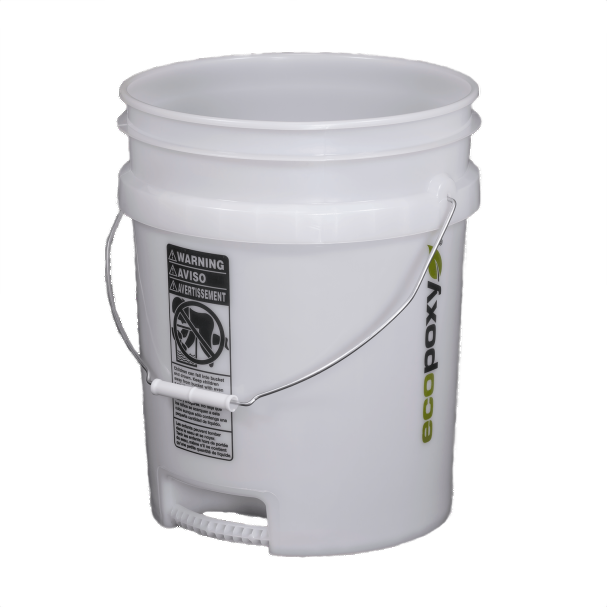 White pour pail with metal handle for mixing and storing sealers and finishes in home improvement projects