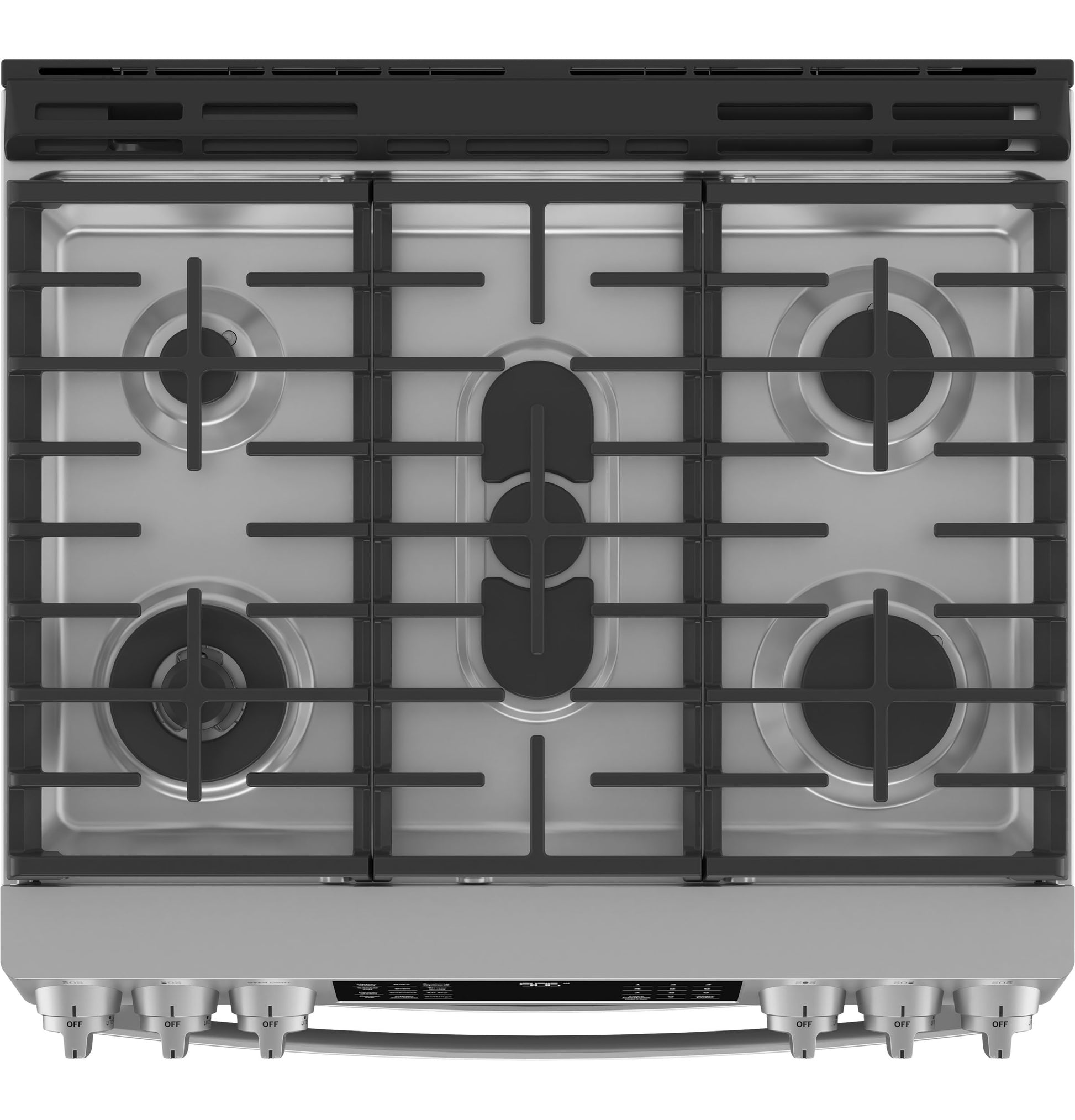 Top view of a stainless steel gas cooktop with five burners and black continuous grates from kitchen appliances collection