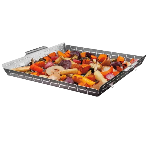 Metal grilling basket with vented sides holding assorted grilled vegetables for outdoor cooking and grill accessories under $100 collections