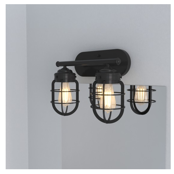 Two-light vanity wall sconce in matte black with industrial caged bulbs for bathroom lighting and home improvement projects