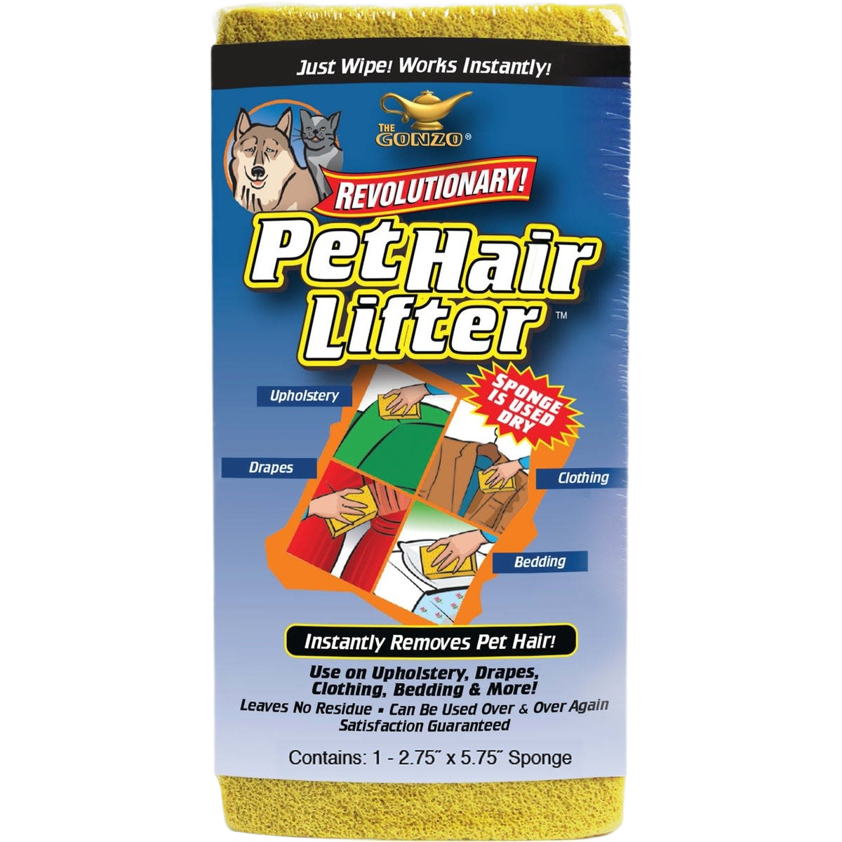 Yellow Gonzo pet hair lifter sponge designed for upholstery, drapes, clothing, and bedding in floor cleaning products collections