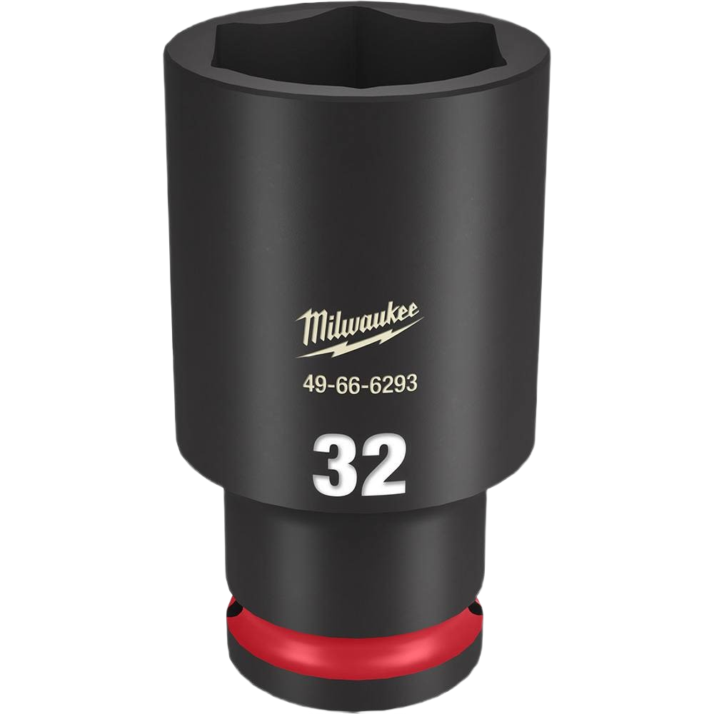 Black 32-mm deep impact socket with six-point design and red accent for tools and home improvement tasks