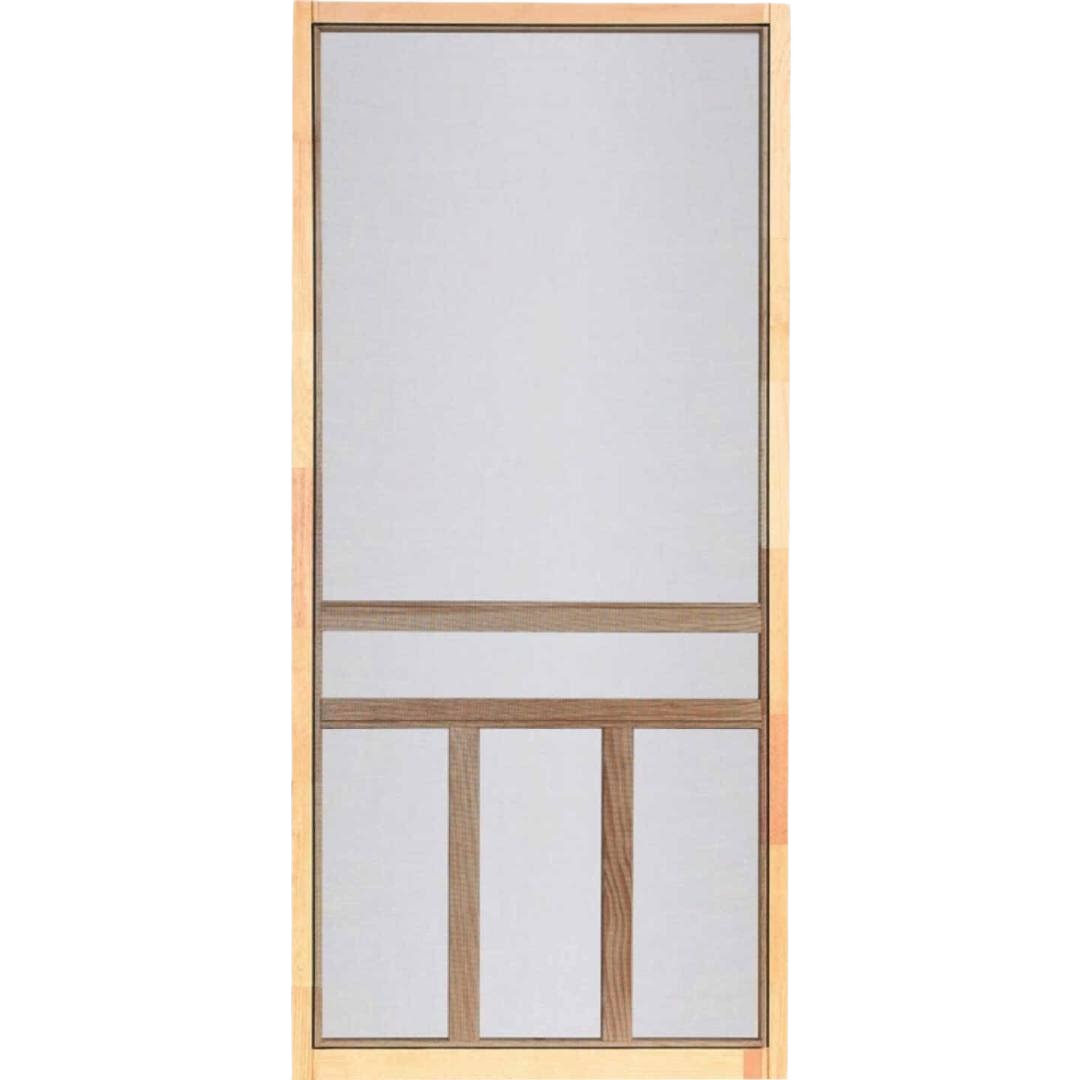 Natural wood T-bar design screen door with fine mesh for ventilation and home improvement projects