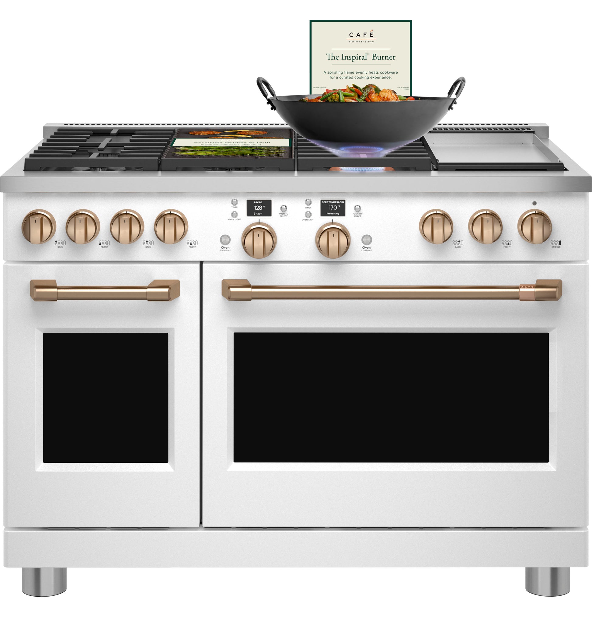 White dual-fuel 48-inch commercial-style range with six burners, griddle, and brass accents in kitchen appliances collection