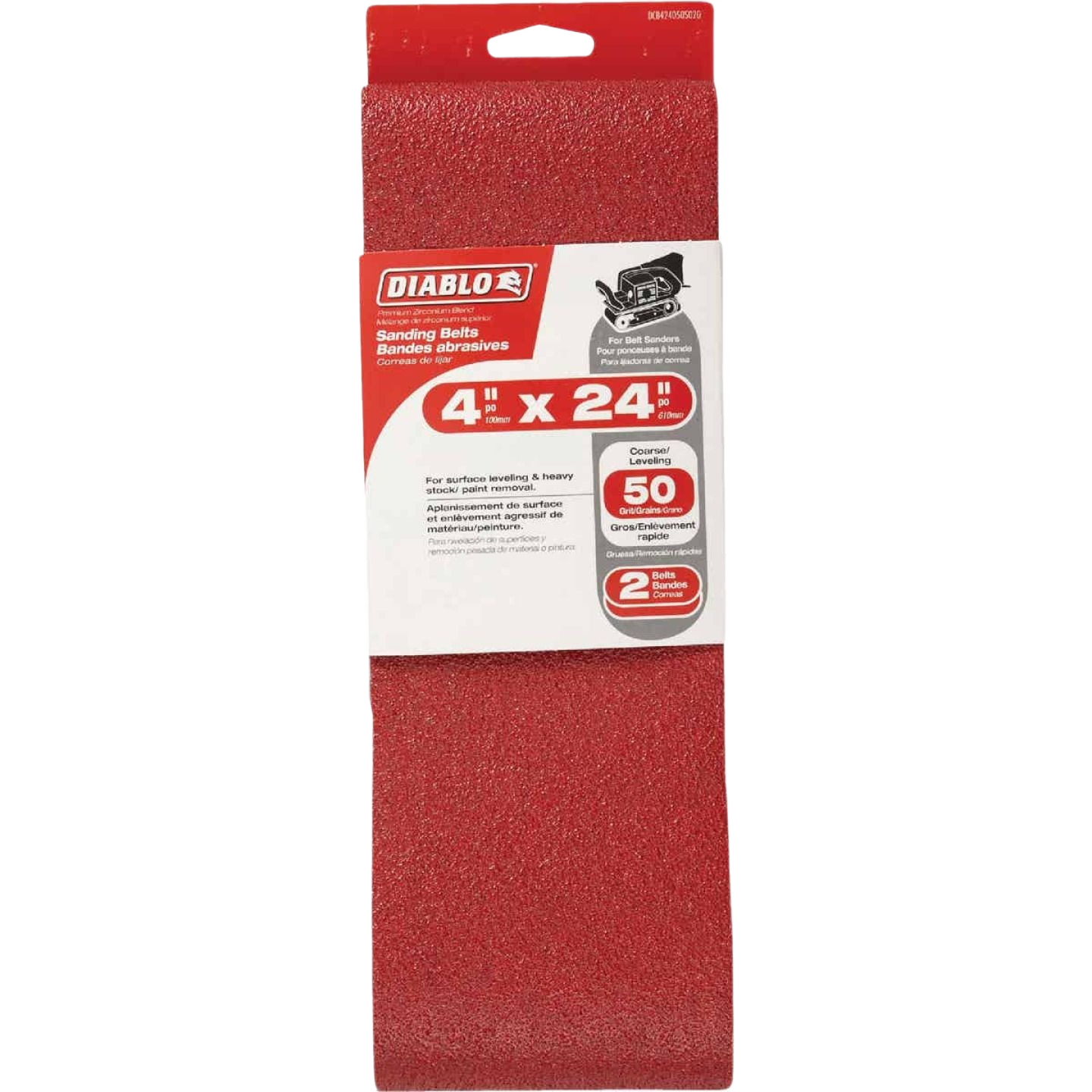 Two 4-inch by 24-inch coarse 50-grit sanding belts designed for surface leveling in tools and home improvement tasks