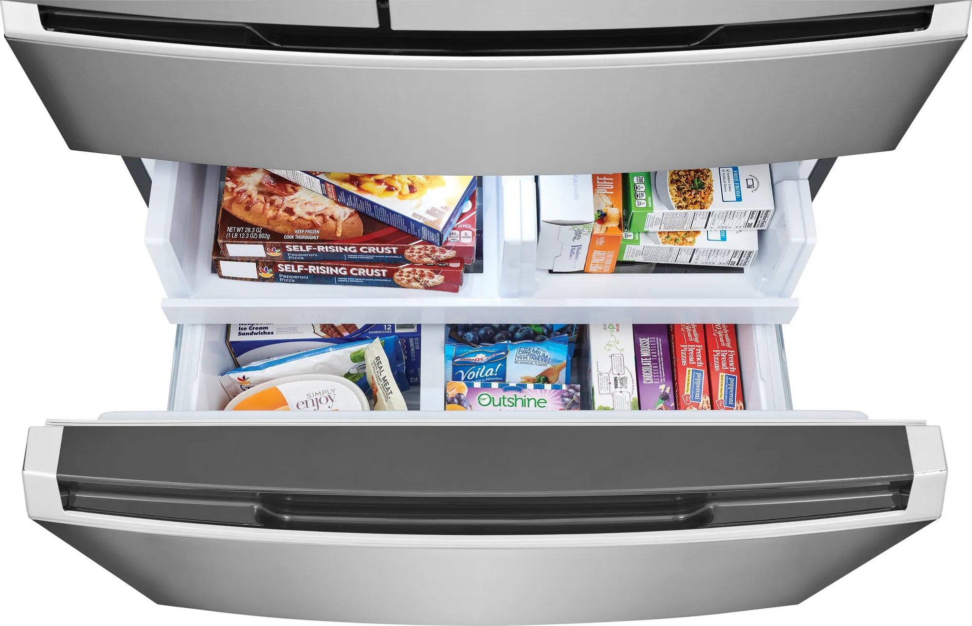 Open bottom freezer drawer of stainless steel French door refrigerator showing organized frozen food storage