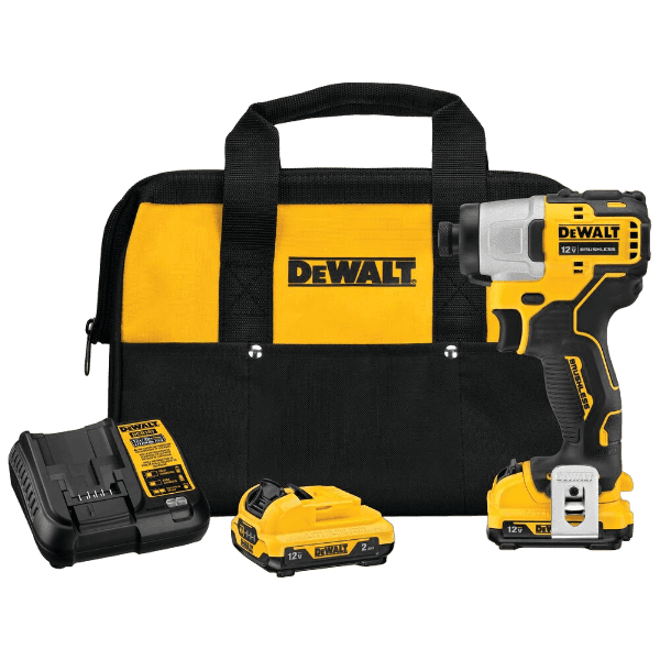 Compact yellow and black cordless impact driver kit with battery, charger, and carrying bag for home improvement tasks