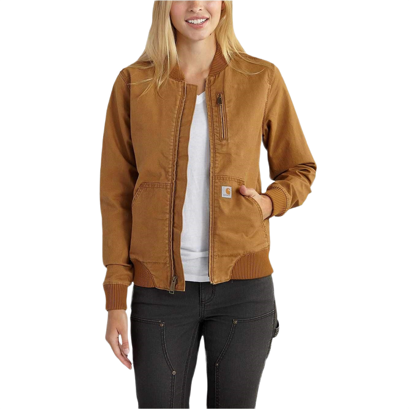 Women's relaxed fit brown bomber jacket with ribbed cuffs and collar, zippered chest pocket, and rugged flexible fabric for outerwear collections.