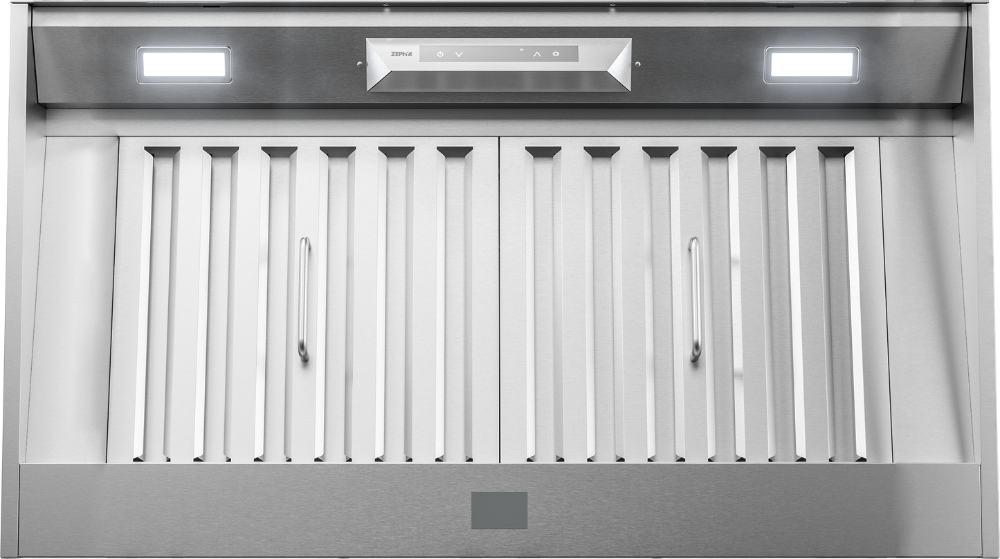 stainless steel insert range hood with LED lights and baffle filters for kitchen and home improvement use