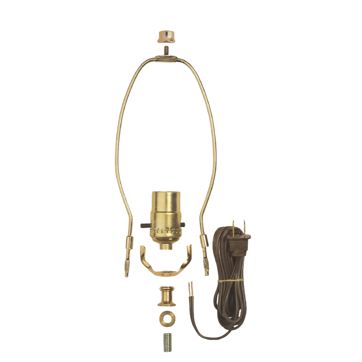 Brass-plated push-through lamp socket kit with detachable harp and electrical cord for lighting and lamp parts collections