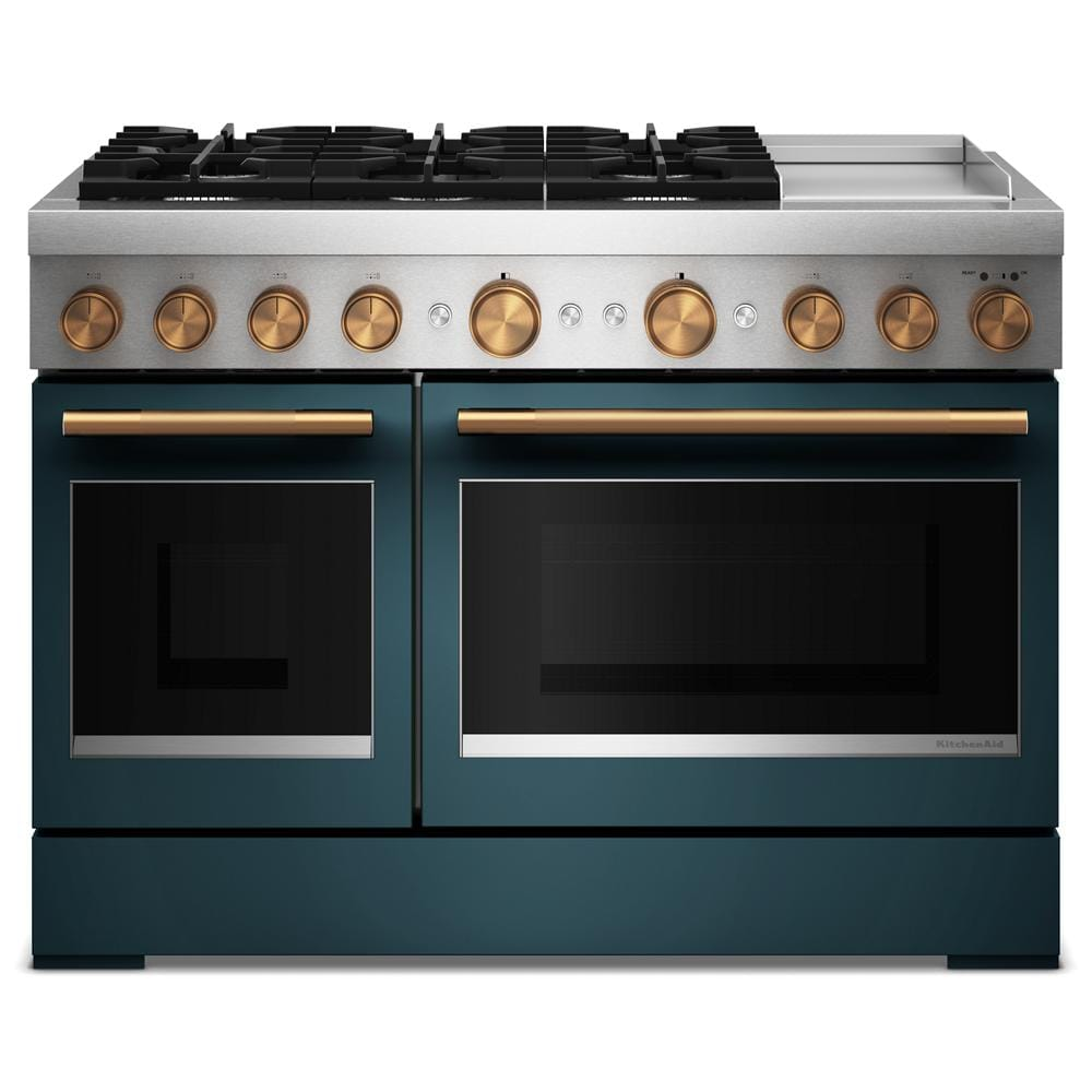 48-inch dual fuel range with six gas burners, chrome electric griddle, and blue finish with brass accents from KitchenAid collection