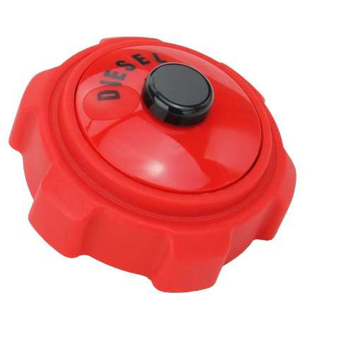 Red diesel fuel tank cap with textured grip and black center knob for tools and home improvement projects