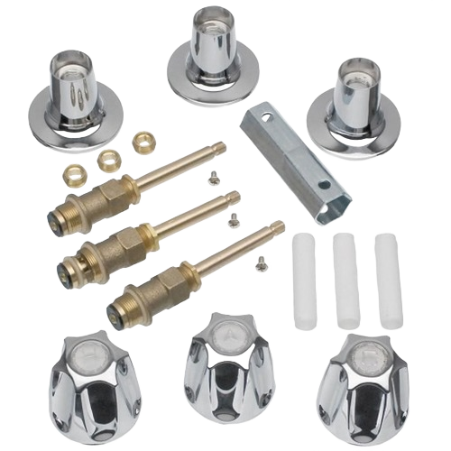 Set of chrome and brass faucet components for shower and tub repair in plumbing parts and tools collection.