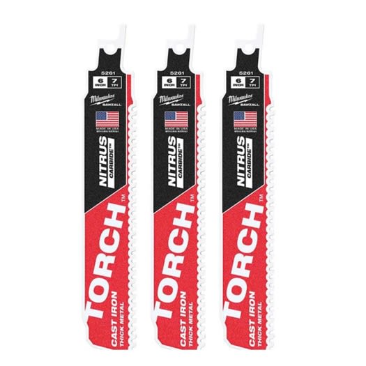 Three Milwaukee 6-inch reciprocating saw blades with aggressive teeth for cutting cast iron and metal in home improvement projects