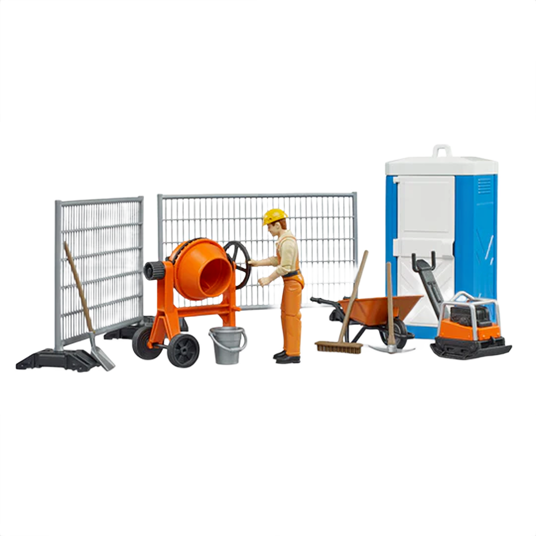 Miniature construction worker figure with cement mixer, wheelbarrow, portable toilet, and fencing for construction play set