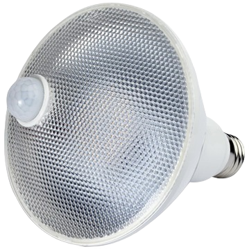 14 watt PAR38 LED flood light bulb with motion sensor for energy-saving outdoor and security lighting use