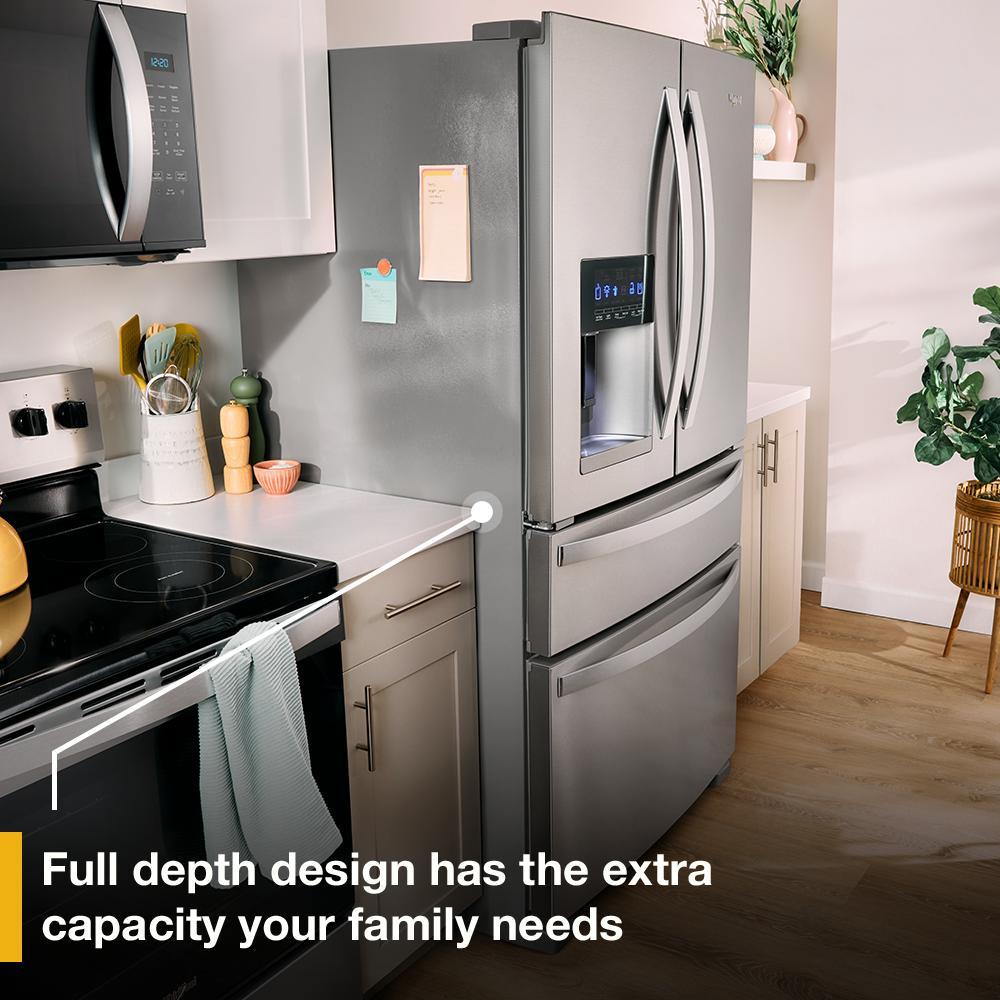 Stainless steel French door refrigerator with bottom freezer and built-in water dispenser in a modern kitchen setting, part of Refrigerators, French Door Refrigerators, Kitchen & Kitchenware, and Appliances collections.