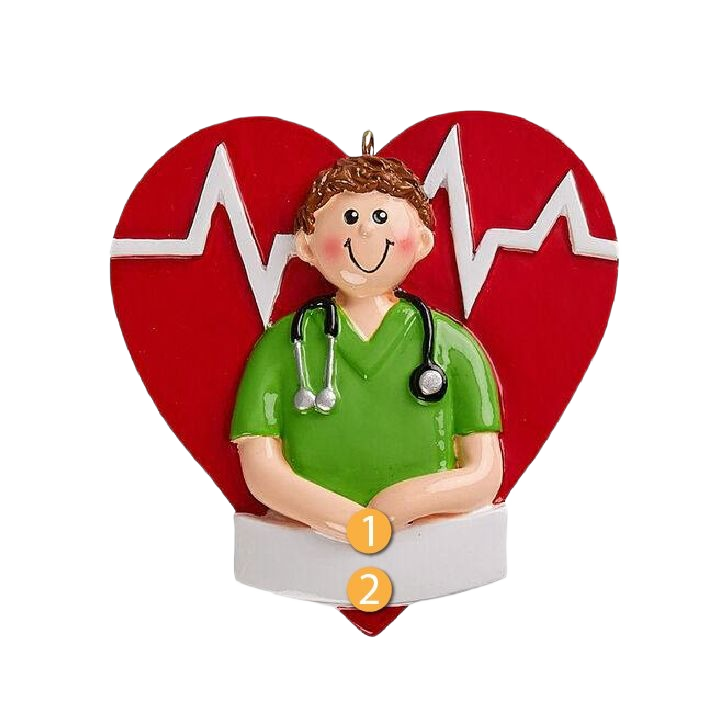 Male nurse ornament in green scrubs with stethoscope against red heart with heartbeat line for Christmas collection under $50
