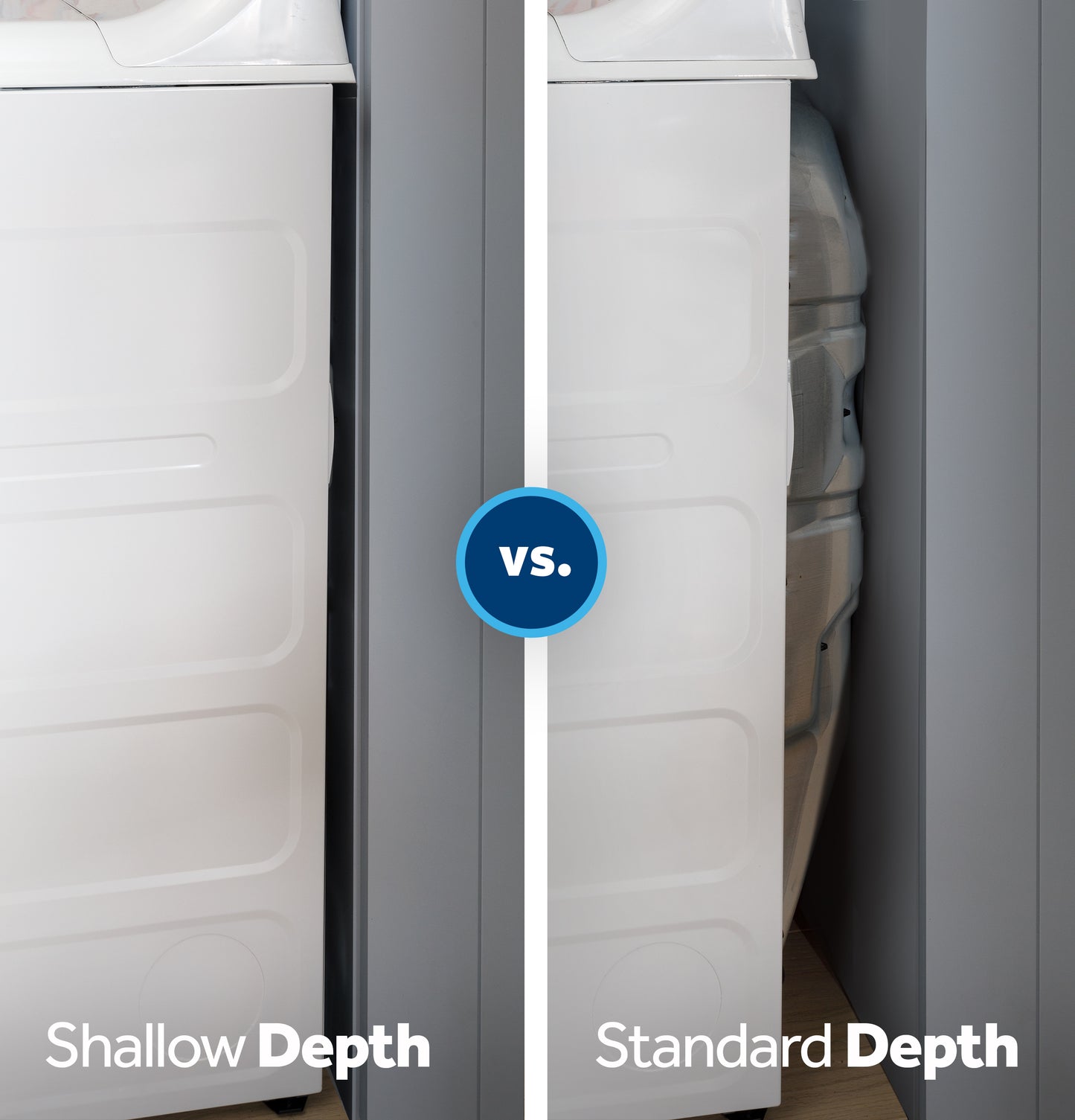 Side-by-side comparison of shallow depth and standard depth dryer profiles for space-saving in laundry appliances collection