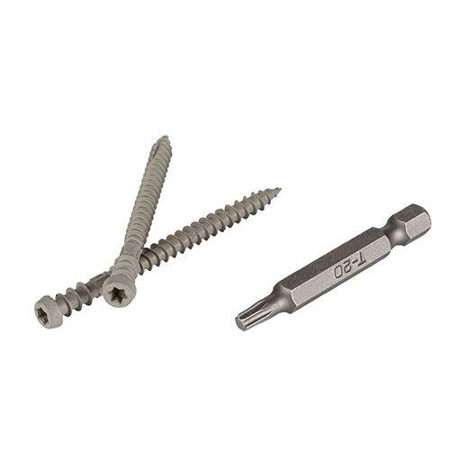 Gray coated deck screws with a matching driver bit for TimberTech decking in lumber and building materials collection
