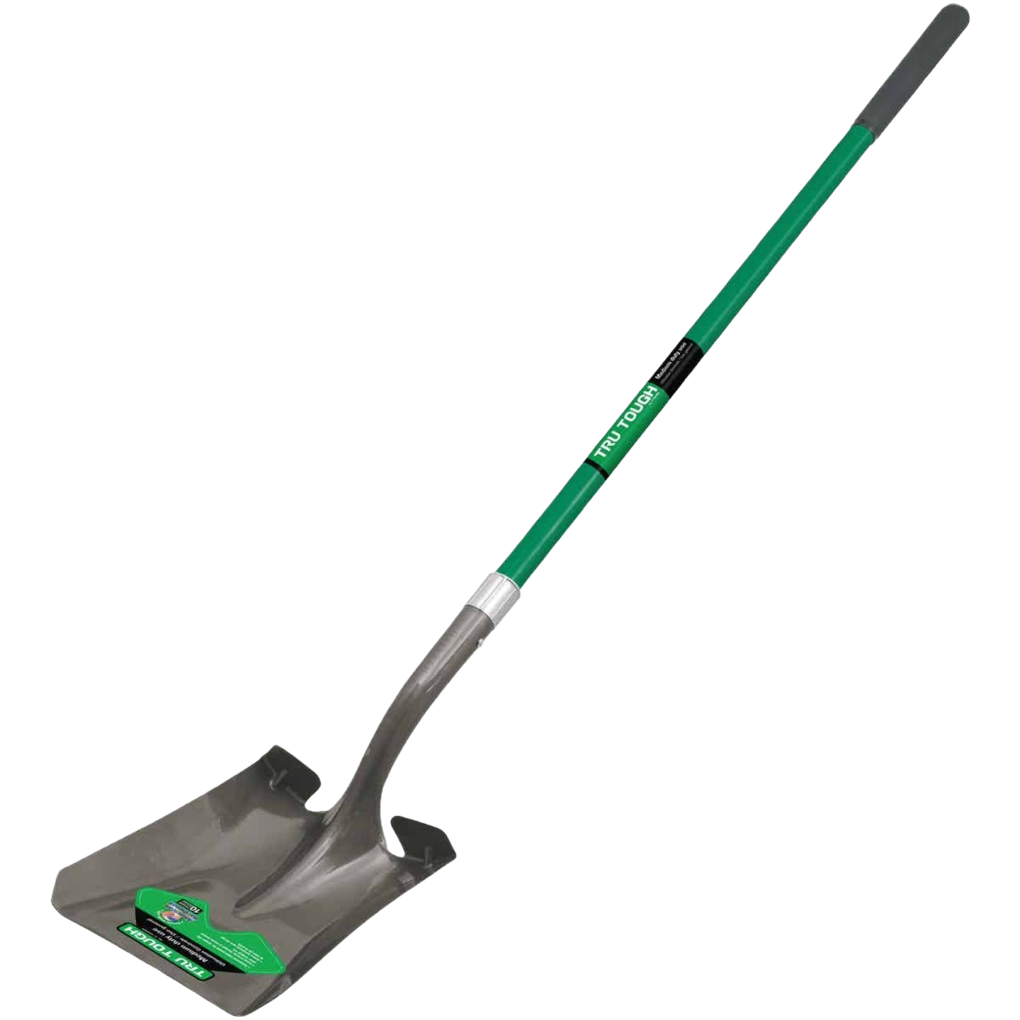 Square point shovel with green fiberglass handle for digging and scooping in garden tools and outdoor equipment collections