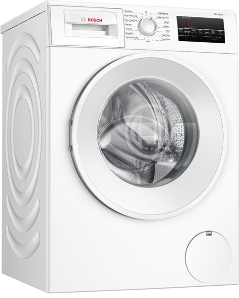 White front load compact washer with digital display and control dial, part of Bosch washers and dryers collection