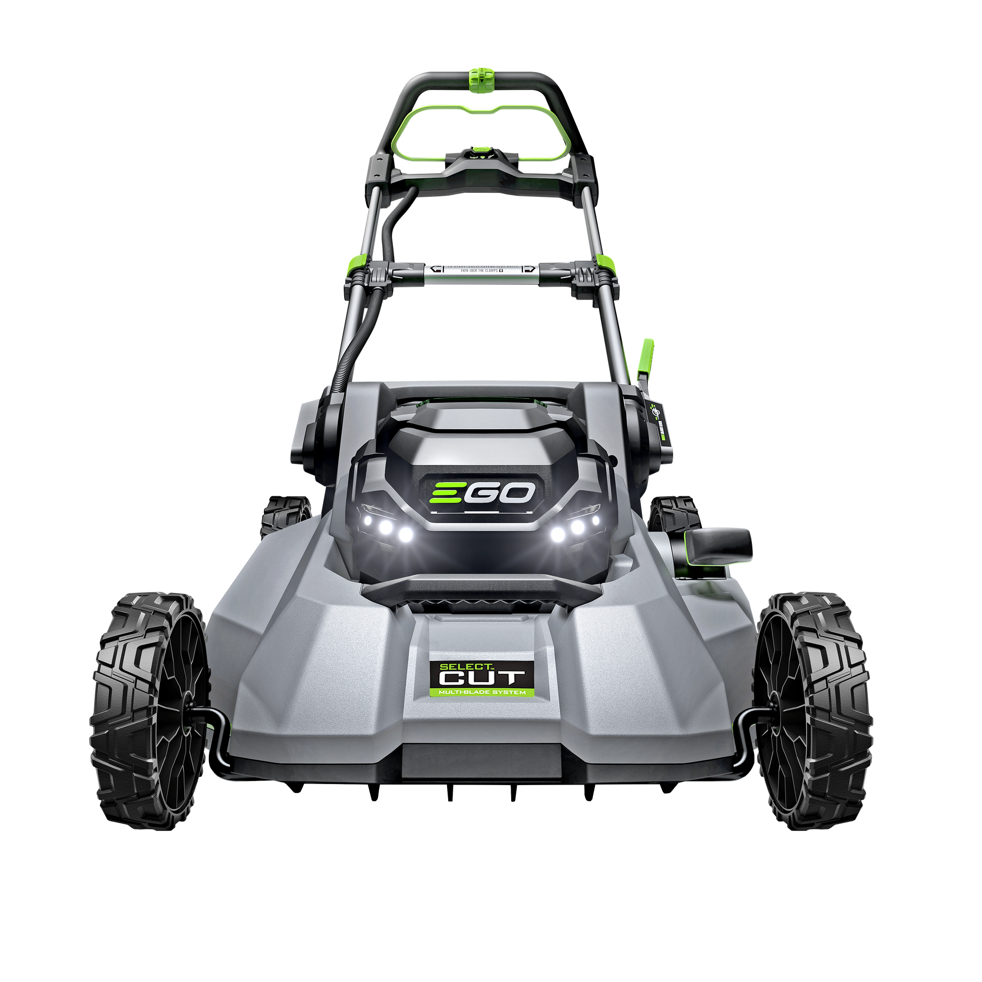 Front view of a cordless 21-inch self-propelled mower with LED lights and Touch Drive technology for lawn care