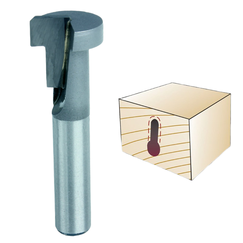 Metal router bit with keyhole slot design next to wood block illustration for tool accessories and home improvement