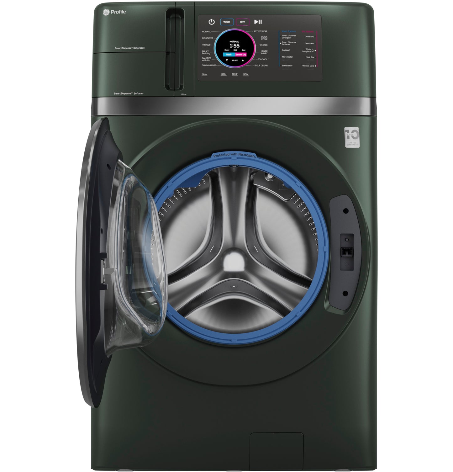 Front-load dark green washer dryer combo with open door and digital touchscreen from Washer/Dryer Combos collection