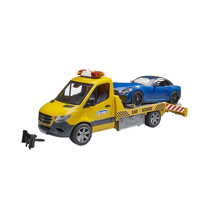 Yellow Bruder MB Sprinter toy car transporter carrying blue Bruder roadster for imaginative vehicle play scenarios