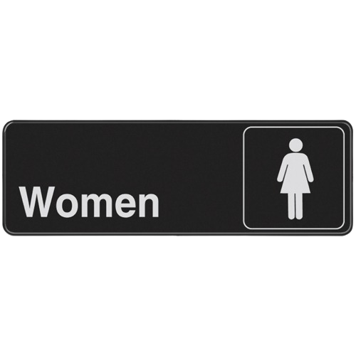 Black rectangular glow-in-dark women's bathroom sign with white text and female figure icon for home improvement tasks