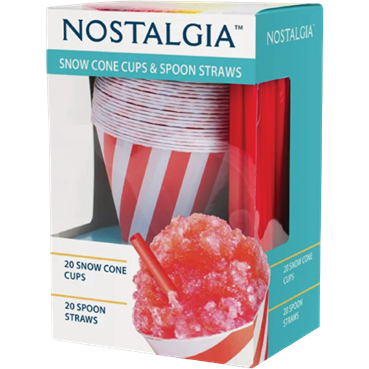 Red and white striped paper cups with matching red spoons and straws for serving snow cones in kitchenware collections