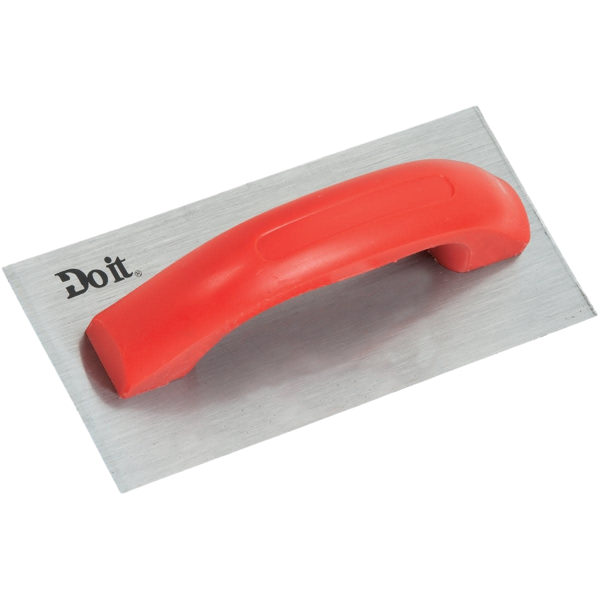Rectangular metal trowel with bright red ergonomic handle for home improvement and tools use
