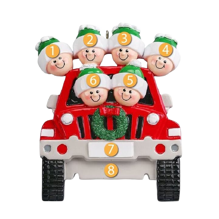 Red SUV ornament with six smiling family figures wearing green and white hats in Christmas Ornaments & Tree Decorations collection