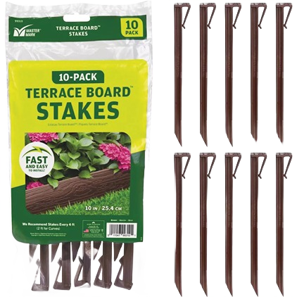 Brown terrace board edging stakes with secure clip tops, 10-pack for tools and home improvement tasks