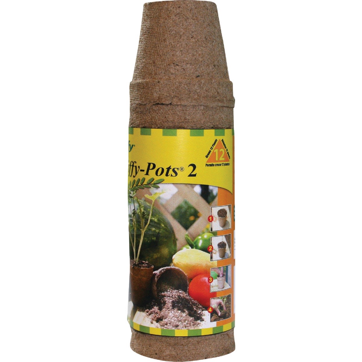 Stack of biodegradable round peat pots with yellow instructional label for garden planting and home improvement tasks