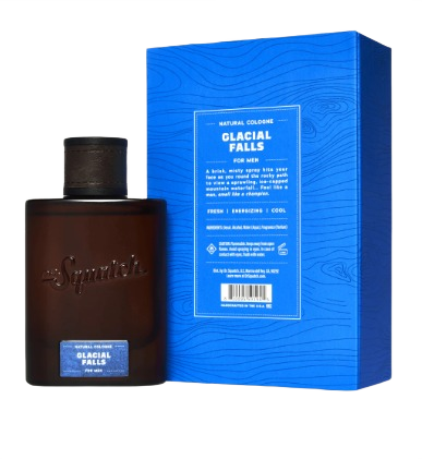Dark amber cologne bottle with embossed branding next to vibrant blue box featuring detailed product information