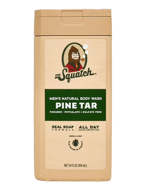 Beige bottle of Dr. Squatch pine tar body wash for men with natural ingredients and all-day moisture formula