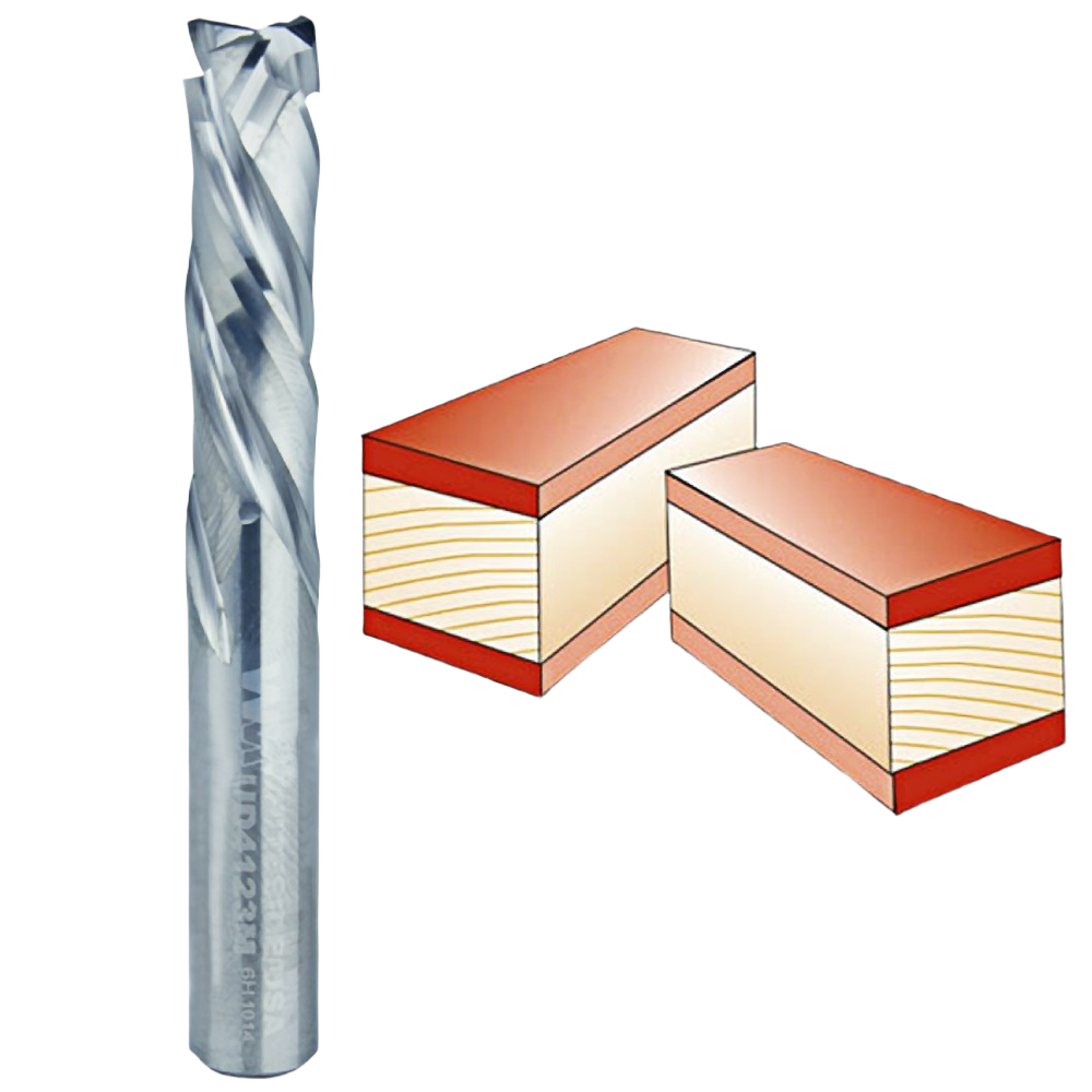 Spiral up/downcut router bit next to two laminated wood pieces for precise woodworking and tool accessories