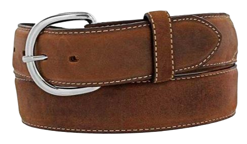 Brown distressed leather western-style belt with silver-toned harness buckle, stitched detailing, suitable for Accessories and Belts & Suspenders collections.