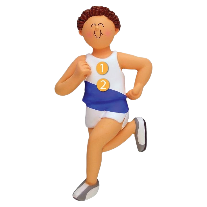 Playful brunette male runner in white and blue outfit for Christmas Ornaments & Tree Decorations under $50 collection