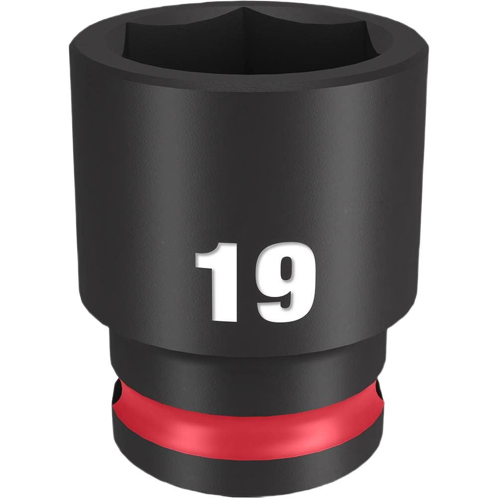 Black 19-mm 6-point impact socket with stamped size marking, part of Milwaukee Hand Tools for home improvement.