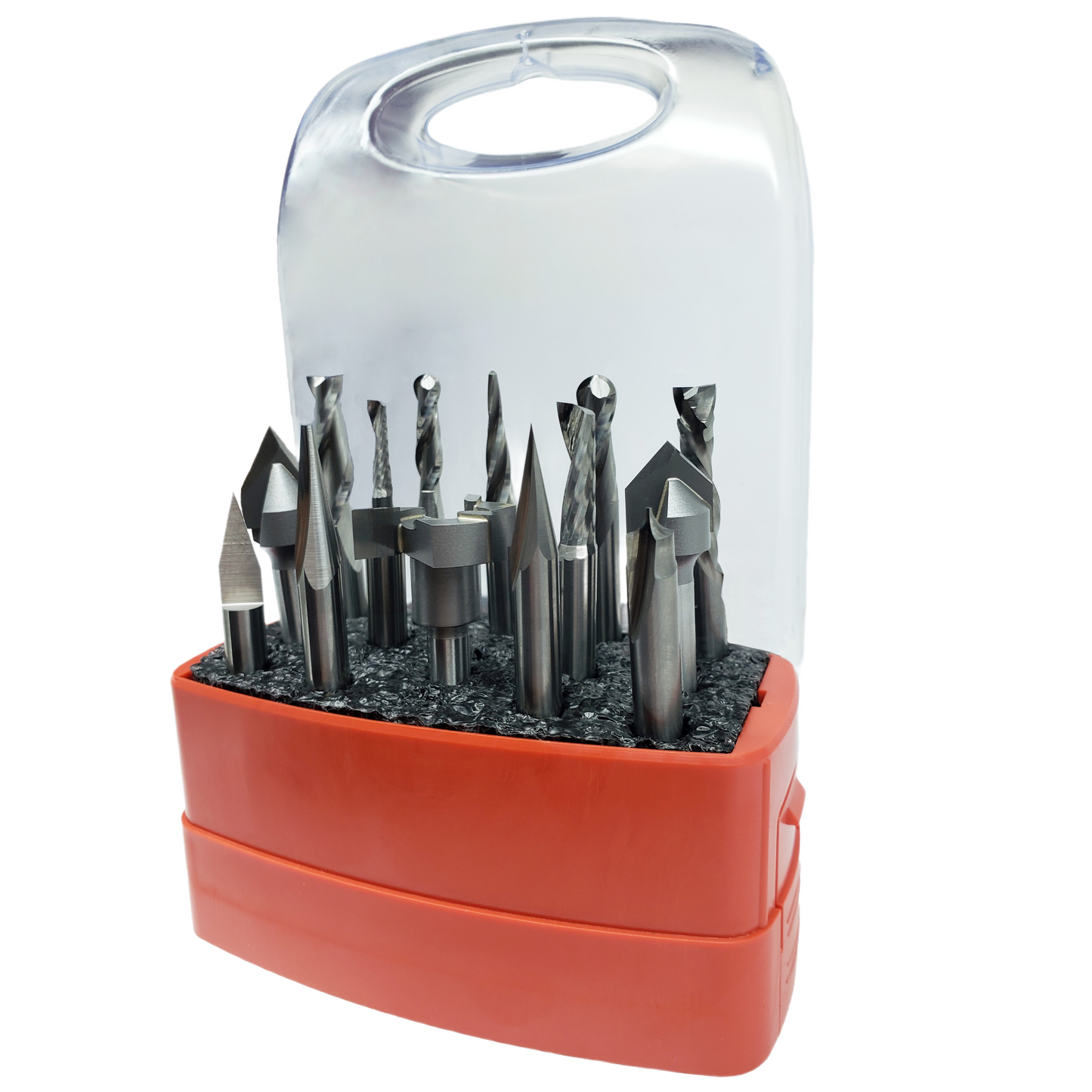 Set of 14 metal CNC router bits in orange case with clear plastic cover for woodworking and power tool accessories collections