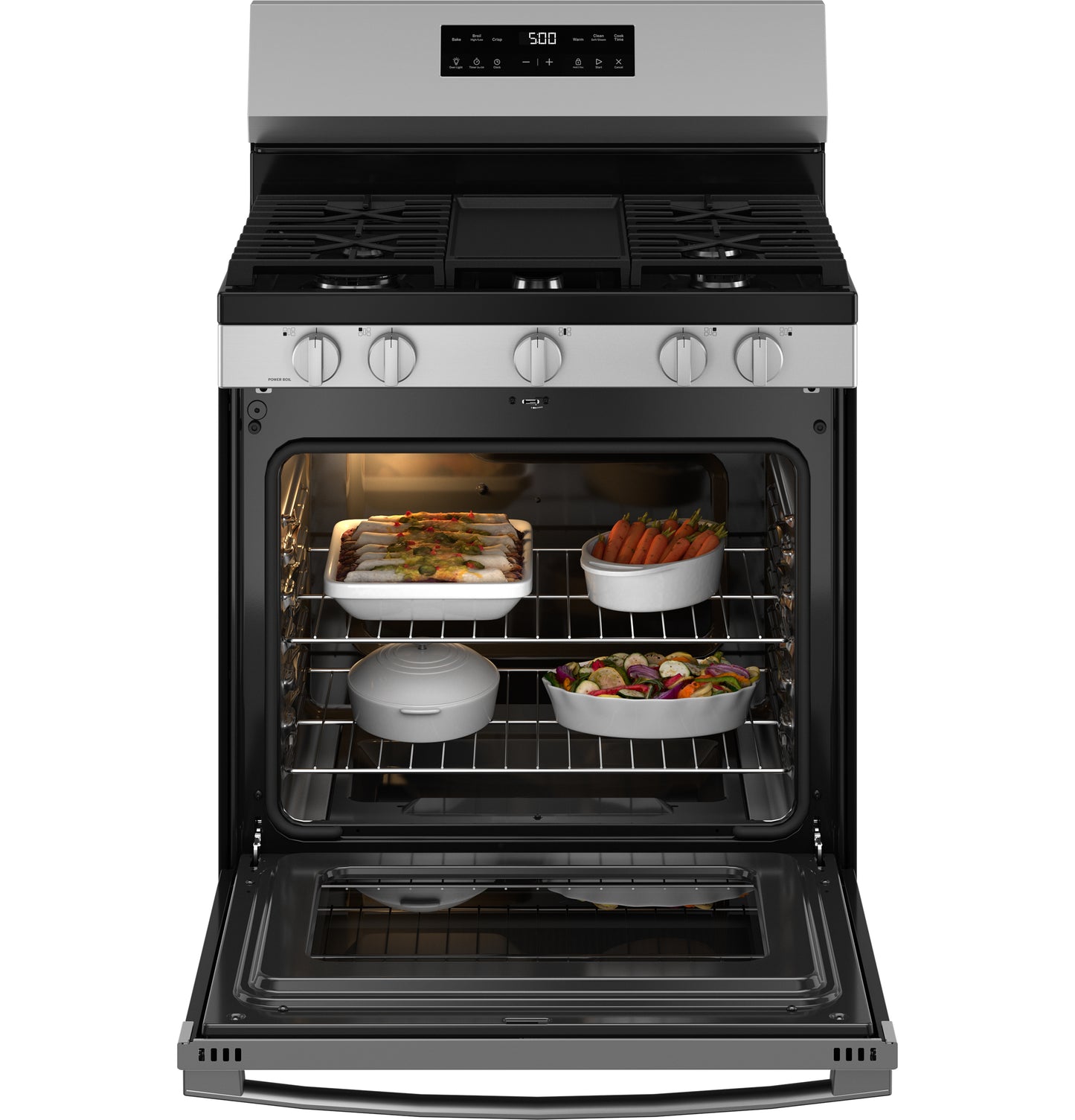 Open stainless steel gas range with digital display showing food baking inside oven racks in kitchen appliances collection