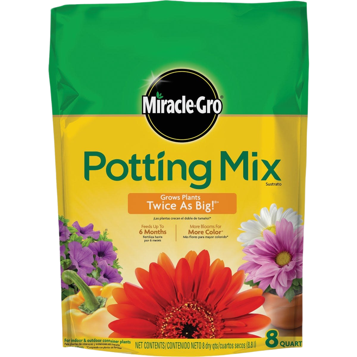 Bag of Miracle-Gro potting mix with colorful flowers on the front for container and outdoor plants use