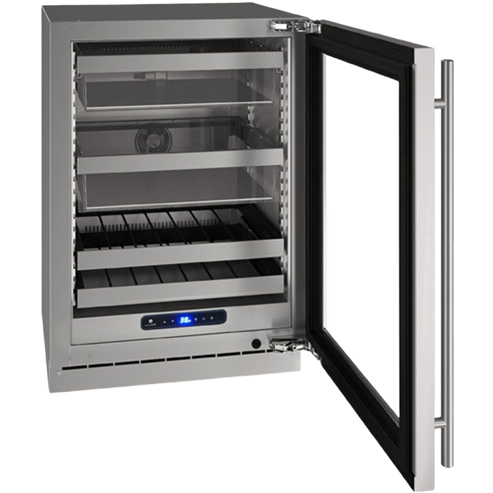 24-inch stainless steel dual zone beverage center with glass door, adjustable shelves, and digital temperature display in appliances collection