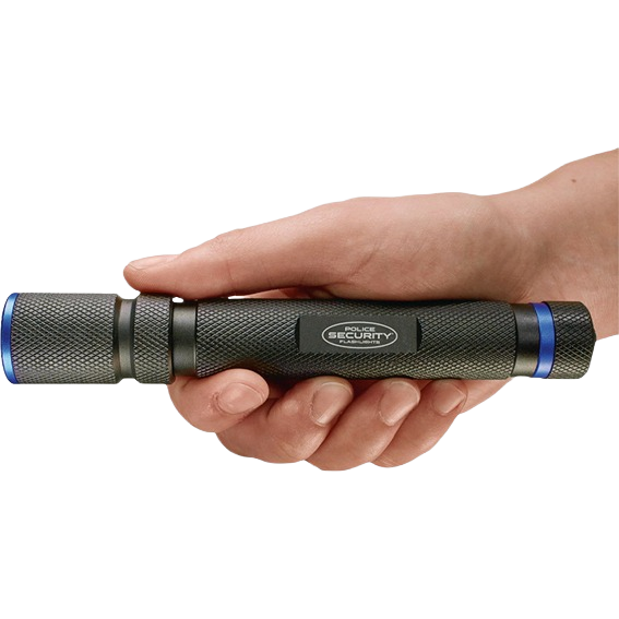 Hand holding black textured police security flashlight with blue accents for tools and home improvement use